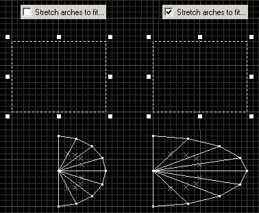 Так ведут себя объекты при отмеченном и неотмеченном флажке &laquo;Stretch arches to fit original bounding rectangle&raquo;