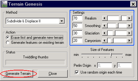 Окно со свойствами генерируемой поверхности